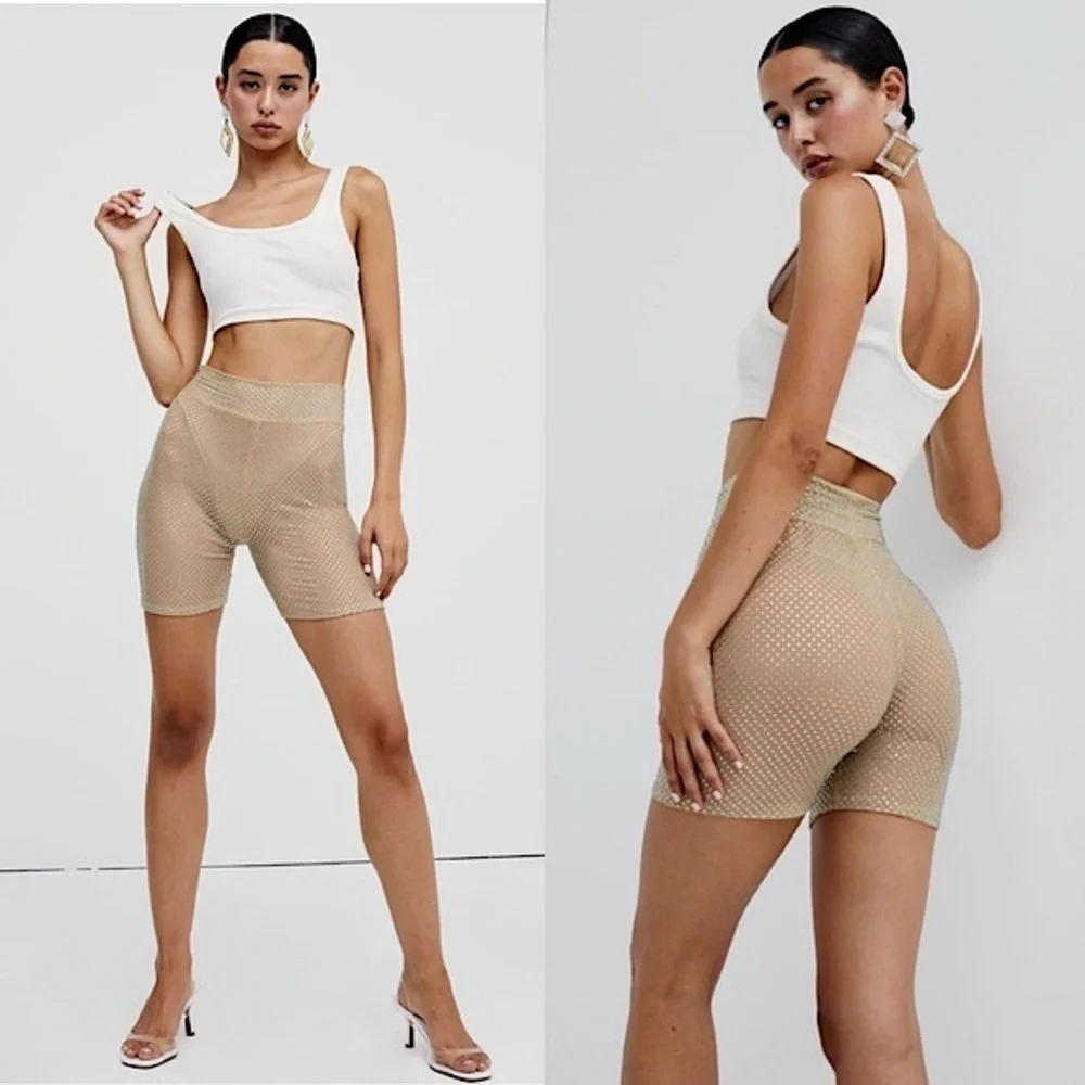 NWT FOR LOVE & LEMONS‎ Rhinestone Sheer Mesh High Waist Festival Bike Shorts XS
